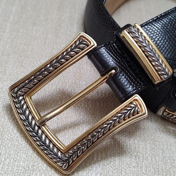 Brighton Black Snake Embossed Leather Belt Gold & Silver Buckle Loop & Links - Picture 2 of 11
